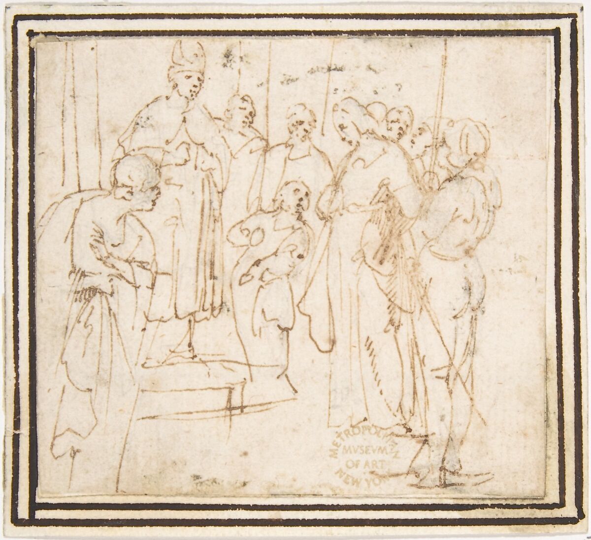 Christ before the High Priest Caiphas, attributed to Francesco Allegrini (Italian, Cantiano (?) 1615/20–after 1679 Gubbio (?)), Pen and brown ink.  Framing lines in pen and brown ink on mount 