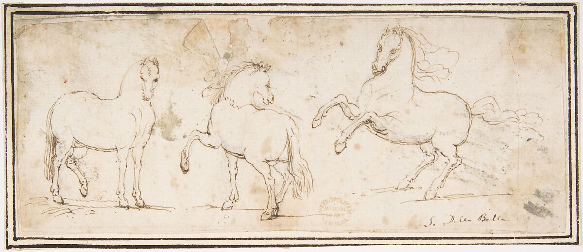 Horses, attributed to Francesco Allegrini (Italian, Cantiano (?) 1615/20–after 1679 Gubbio (?)), Pen and brown ink.  Framing lines in pen and brown ink on mount 