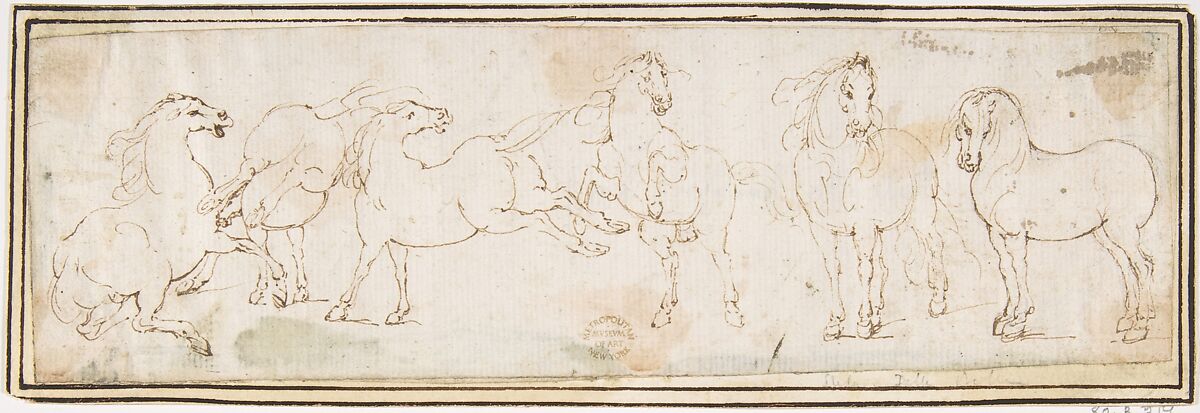 Six Horses, attributed to Francesco Allegrini (Italian, Cantiano (?) 1615/20–after 1679 Gubbio (?)), Pen and brown ink.  Framing lines in pen and brown ink on mount 