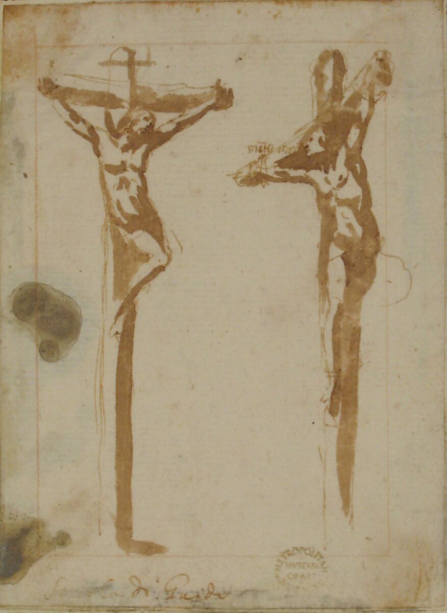 Christ Crucified with the Good Thief, attributed to Francesco Allegrini (Italian, Cantiano (?) 1615/20–after 1679 Gubbio (?)), Pen and brown ink, brush and brown wash.  Framing lines in red chalk, and in pen and brown ink on mount