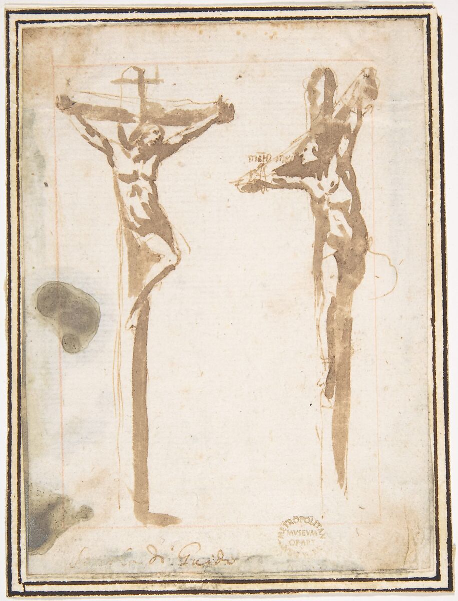 Christ Crucified with the Good Thief, attributed to Francesco Allegrini (Italian, Cantiano (?) 1615/20–after 1679 Gubbio (?)), Pen and brown ink, brush and brown wash.  Framing lines in red chalk, and in pen and brown ink on mount 