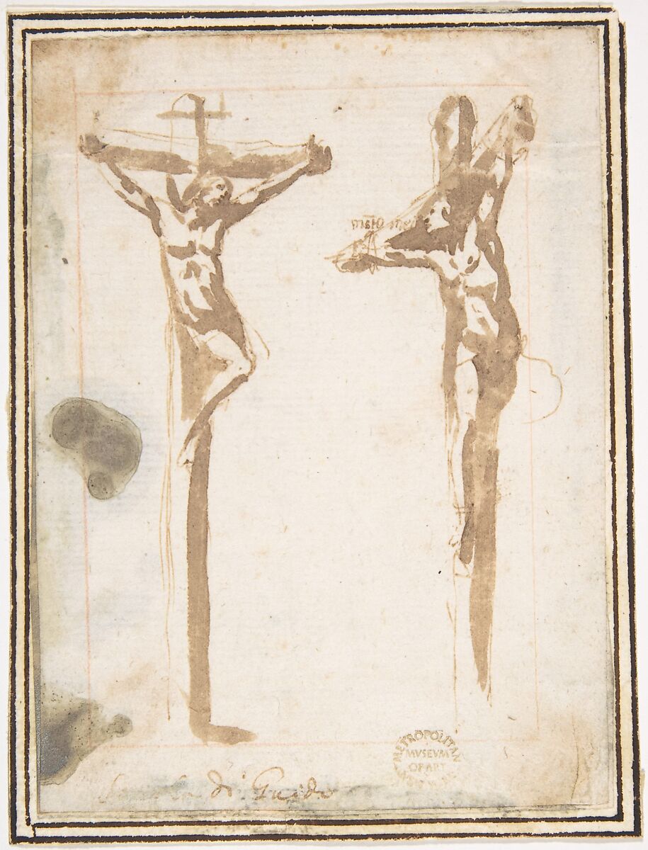 Christ Crucified with the Good Thief, Francesco Allegrini  Italian, Pen and brown ink, brush and brown wash.  Framing lines in red chalk, and in pen and brown ink on mount