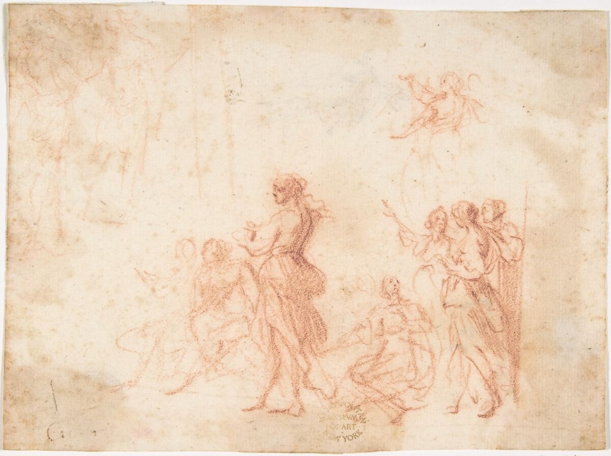 Group of Standing and Seated Female Figures (recto); Costumed Female Figure (verso), attributed to Francesco Allegrini (Italian, Cantiano (?) 1615/20–after 1679 Gubbio (?)), Red chalk (recto).  Pen and brown ink sketch of a costumed female figure (verso) 