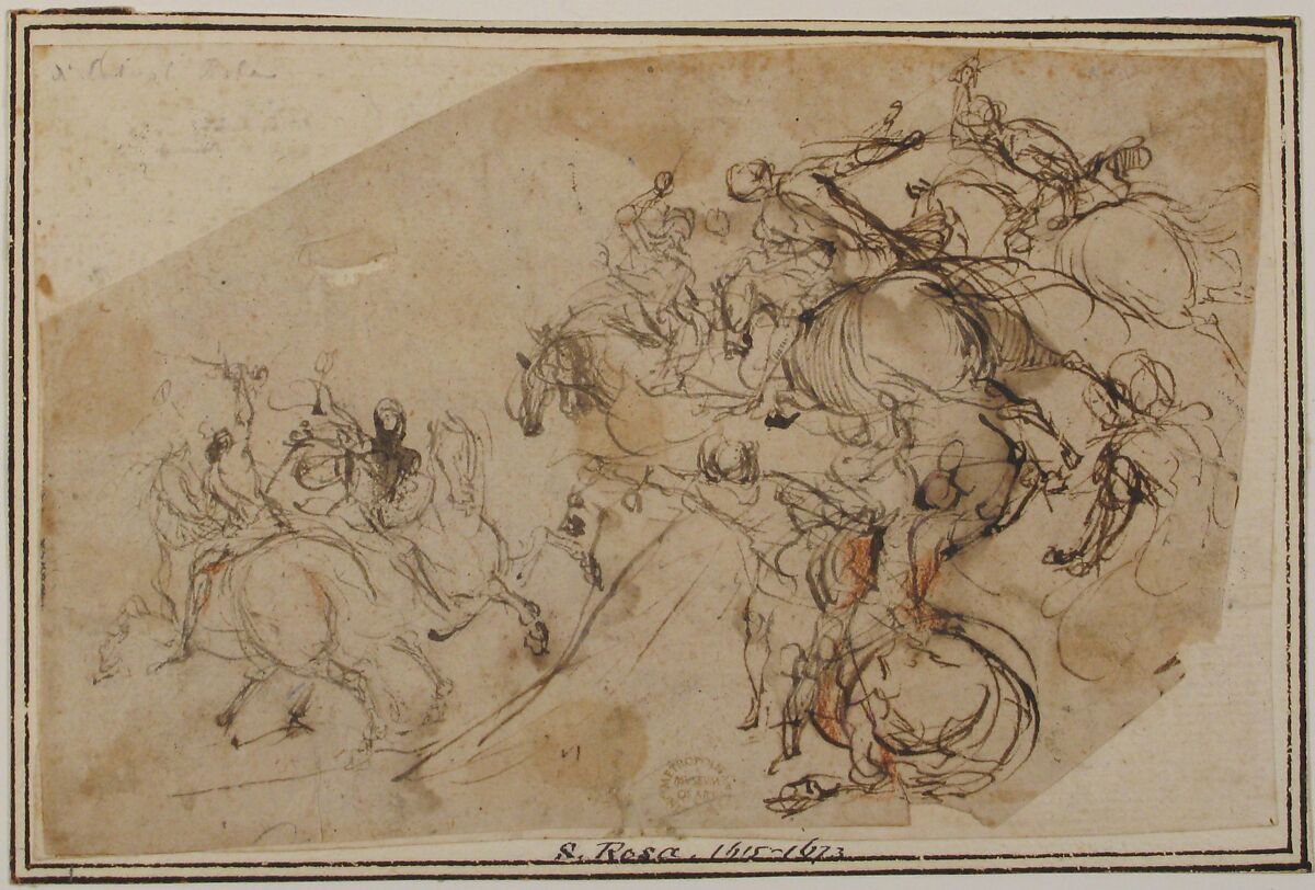 Cavalry Charge, attributed to Francesco Allegrini (Italian, Cantiano (?) 1615/20–after 1679 Gubbio (?)), Pen and brown ink, brush and brown wash