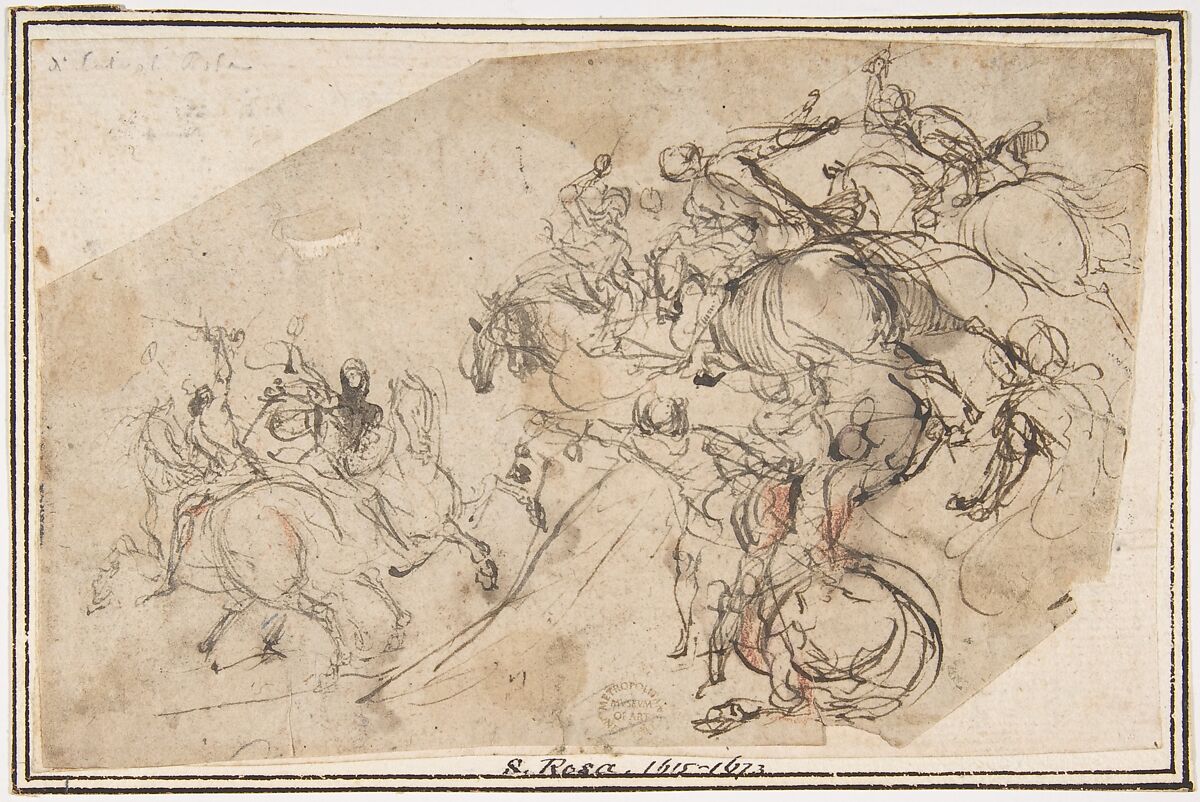 Cavalry Charge, attributed to Francesco Allegrini (Italian, Cantiano (?) 1615/20–after 1679 Gubbio (?)), Pen and brown ink, brush and brown wash 