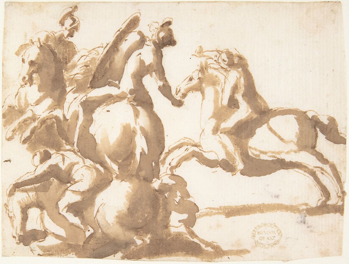 Four Horsemen in Battle, attributed to Francesco Allegrini (Italian, Cantiano (?) 1615/20–after 1679 Gubbio (?)), Pen and brown ink, brush and brown wash. Framing lines in pen and brown ink on mount 