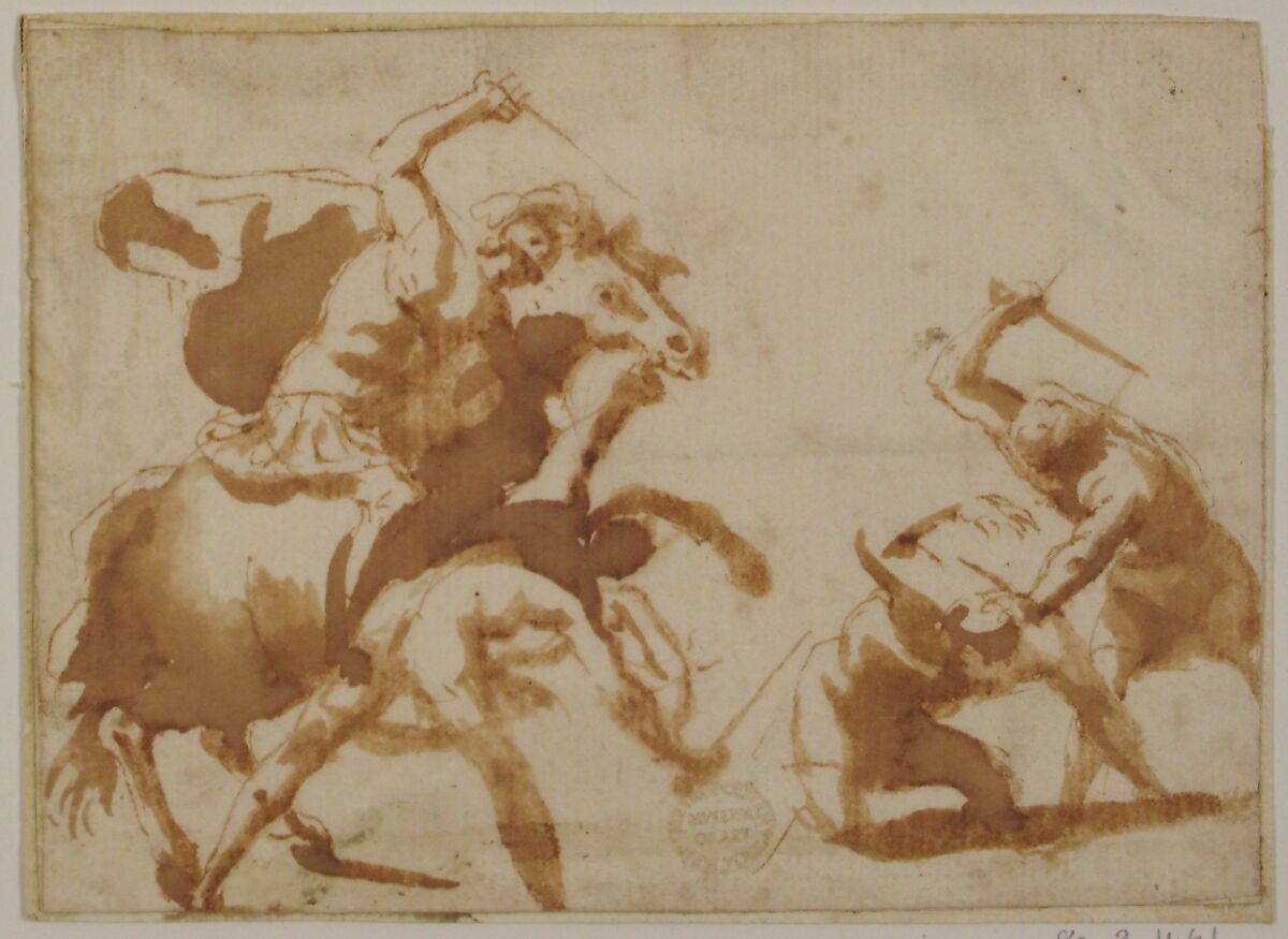 Horsemen and Three Foot Soldiers in Battle, attributed to Francesco Allegrini (Italian, Cantiano (?) 1615/20–after 1679 Gubbio (?)), Pen and brown ink, brush and brown wash
