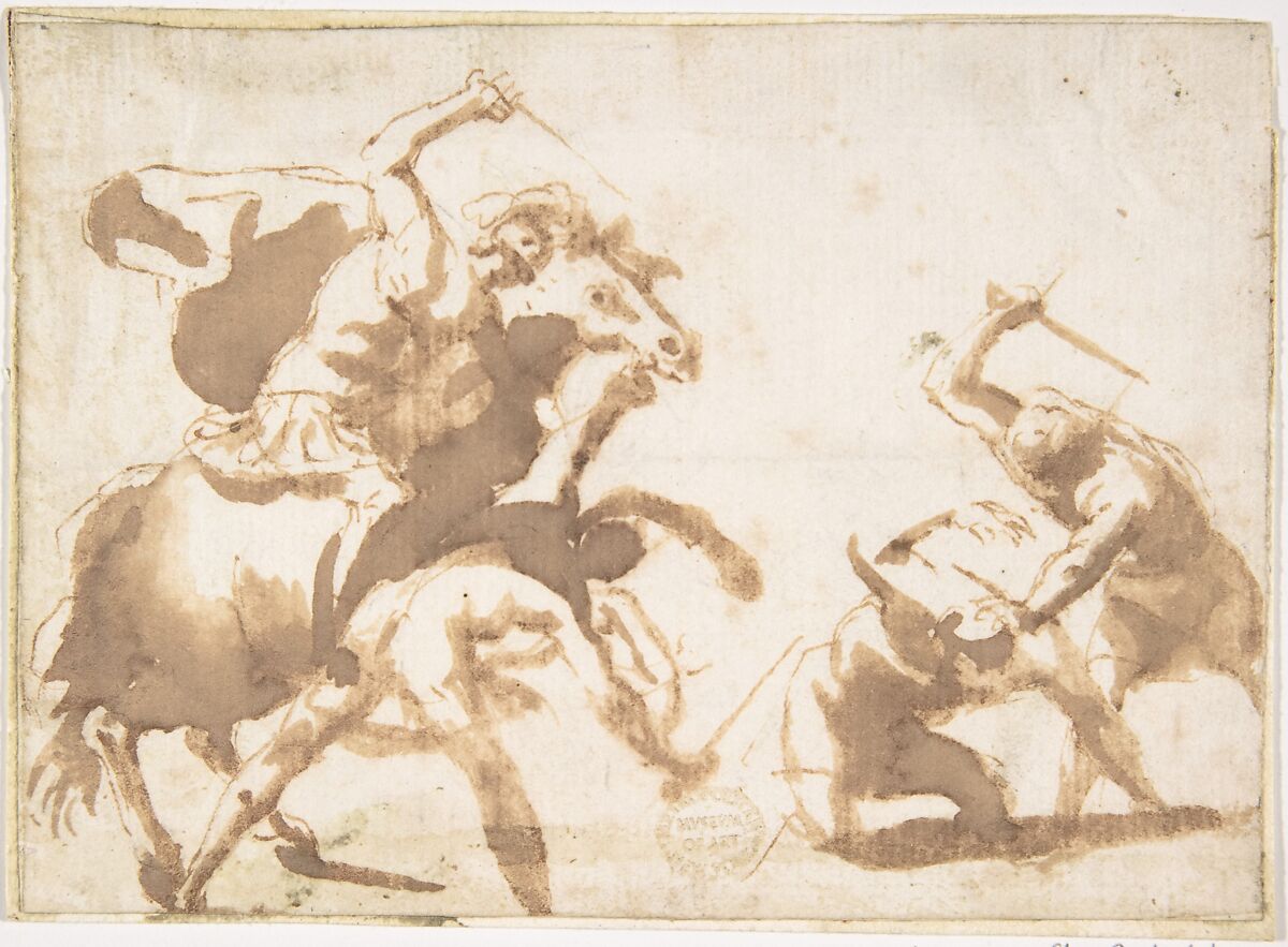 Horsemen and Three Foot Soldiers in Battle, attributed to Francesco Allegrini (Italian, Cantiano (?) 1615/20–after 1679 Gubbio (?)), Pen and brown ink, brush and brown wash 