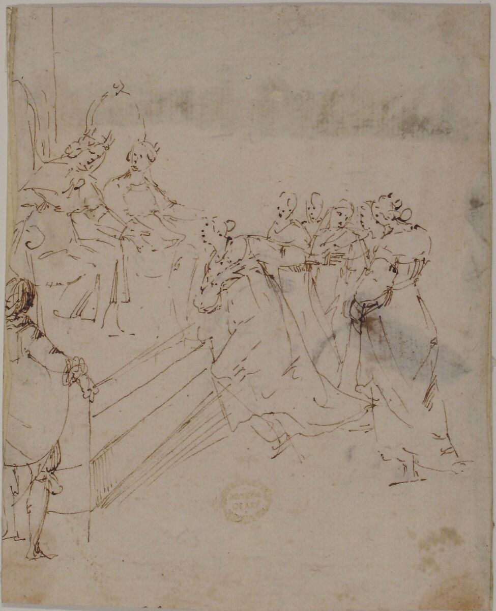 Supplicants before an Enthroned King and Queen, attributed to Francesco Allegrini (Italian, Cantiano (?) 1615/20–after 1679 Gubbio (?)), Pen and brown ink