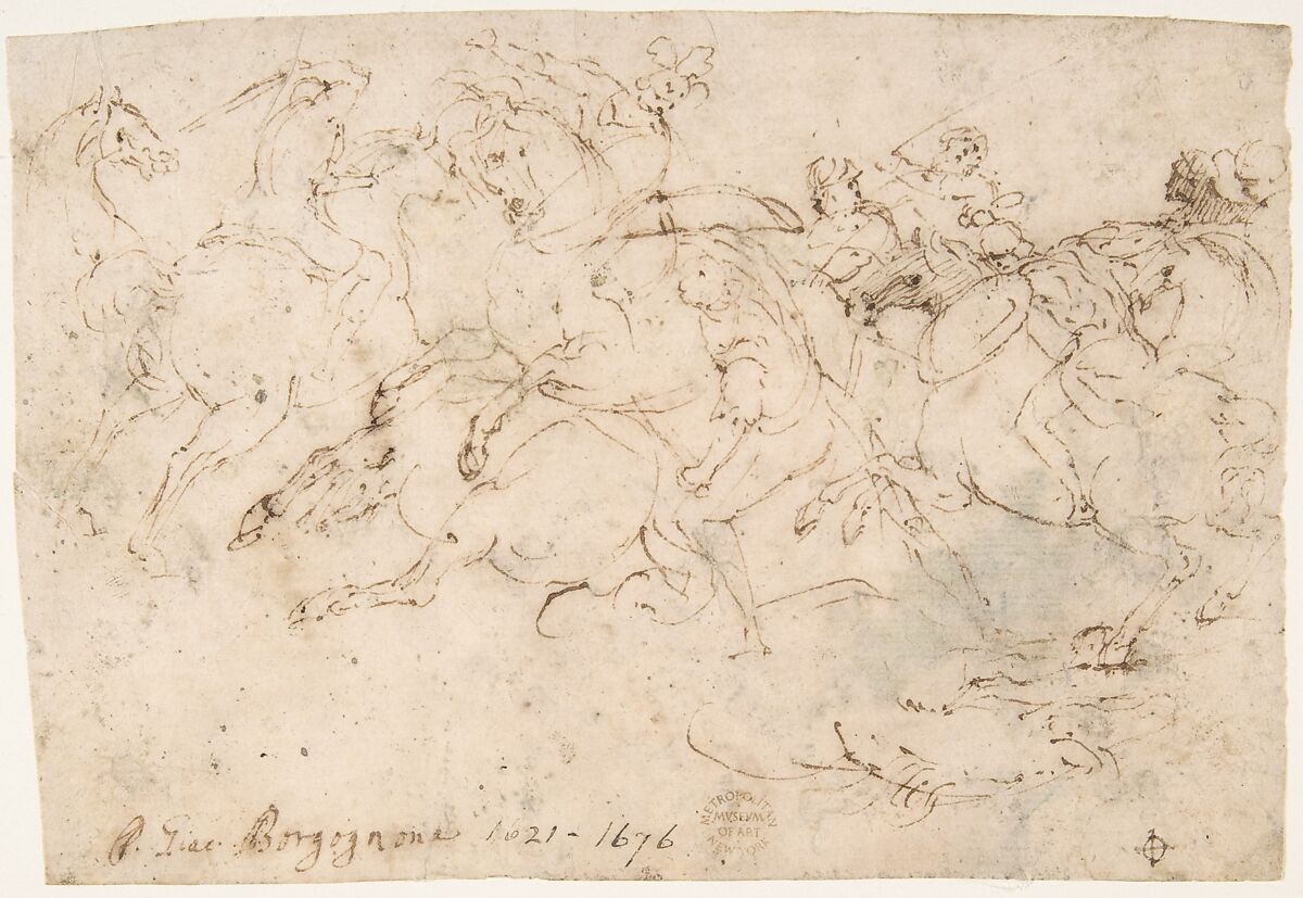 Cavalry Engagement (recto); Concert of Angels (verso), attributed to Francesco Allegrini (Italian, Cantiano (?) 1615/20–after 1679 Gubbio (?)), Pen and brown ink (recto). Faint pen and brown ink sketch of an angelic concert (verso).  Framing lines in pen and brown ink on mount 