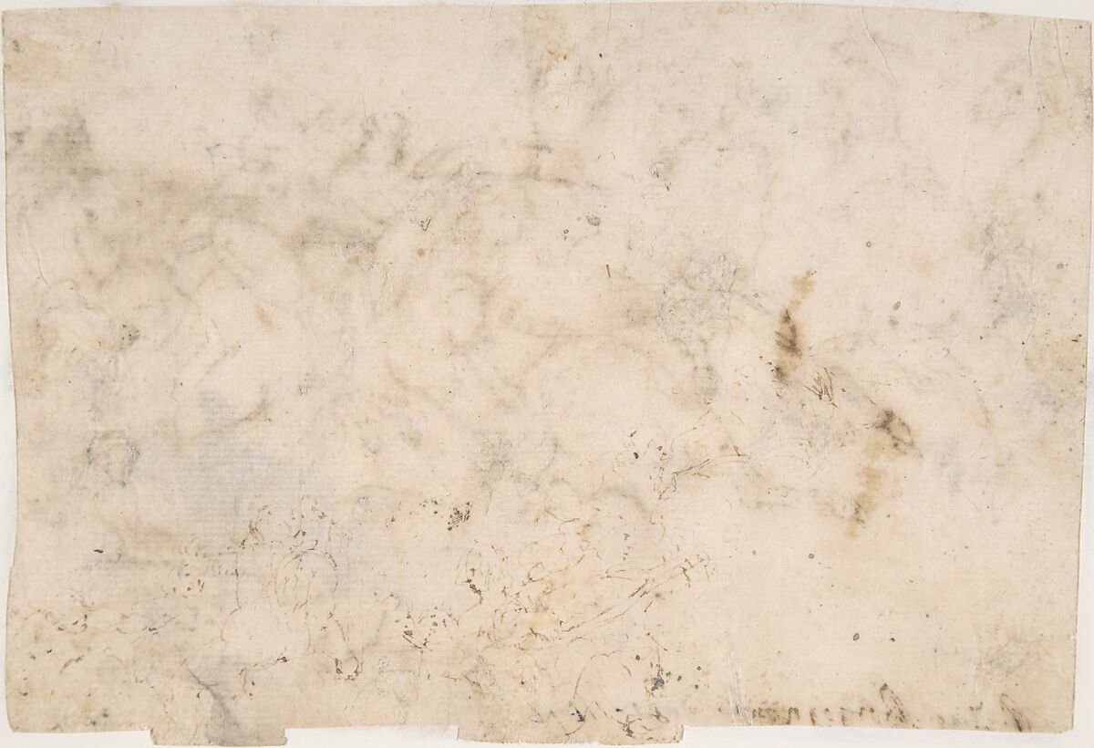 Cavalry Engagement (recto); Concert of Angels (verso), attributed to Francesco Allegrini (Italian, Cantiano (?) 1615/20–after 1679 Gubbio (?)), Pen and brown ink (recto). Faint pen and brown ink sketch of an angelic concert (verso).  Framing lines in pen and brown ink on mount
