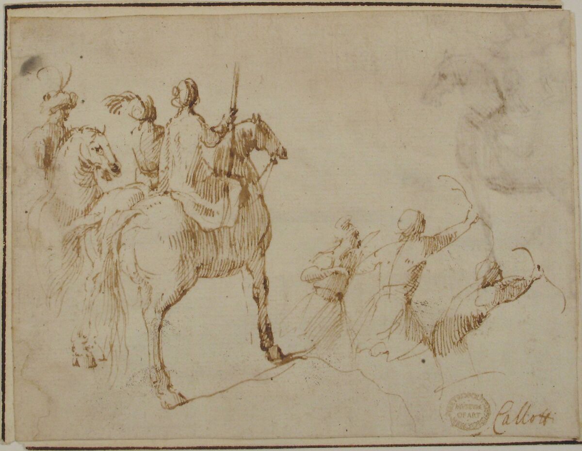 Horsemen and Archers, attributed to Francesco Allegrini (Italian, Cantiano (?) 1615/20–after 1679 Gubbio (?)), Pen and brown ink. Framing lines in pen and brown ink