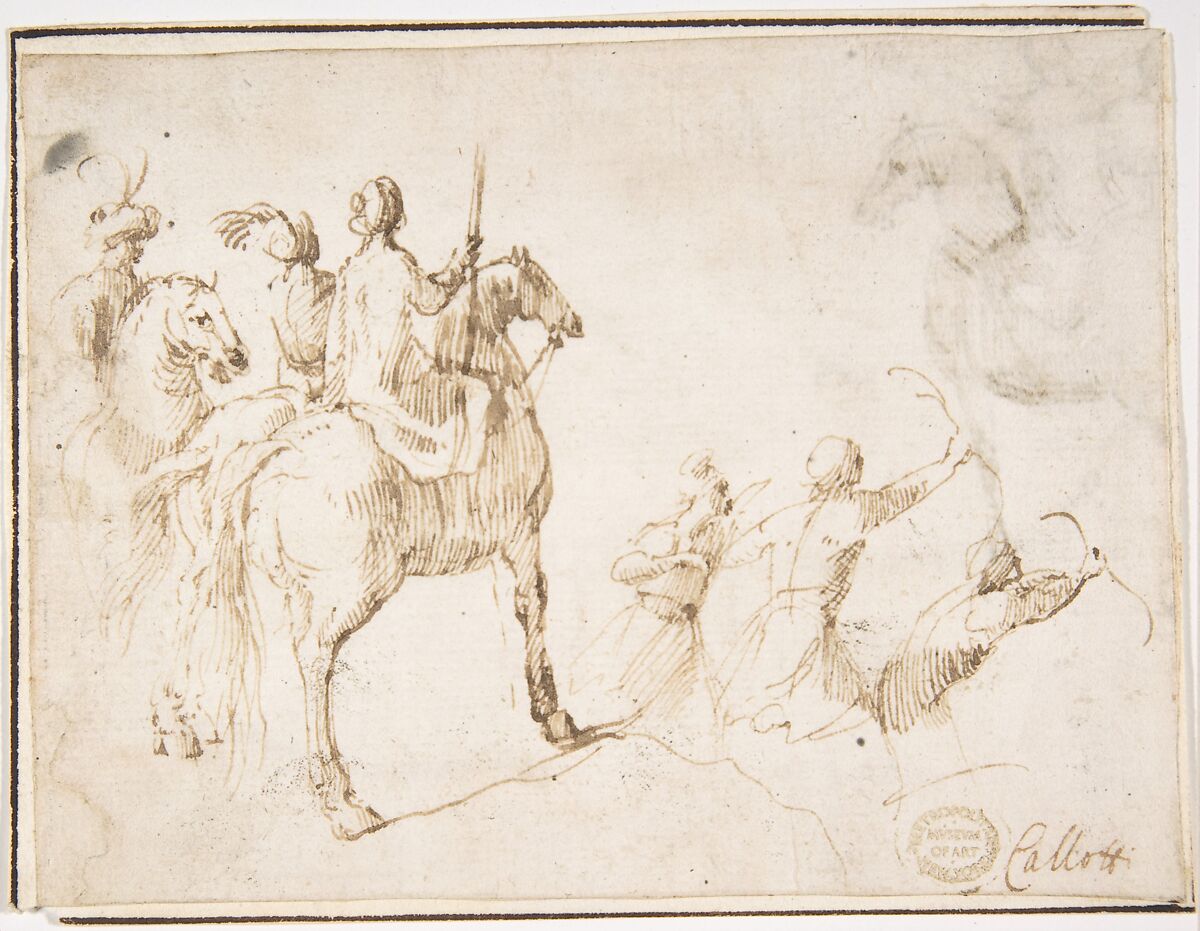 Horsemen and Archers, attributed to Francesco Allegrini (Italian, Cantiano (?) 1615/20–after 1679 Gubbio (?)), Pen and brown ink. Framing lines in pen and brown ink 