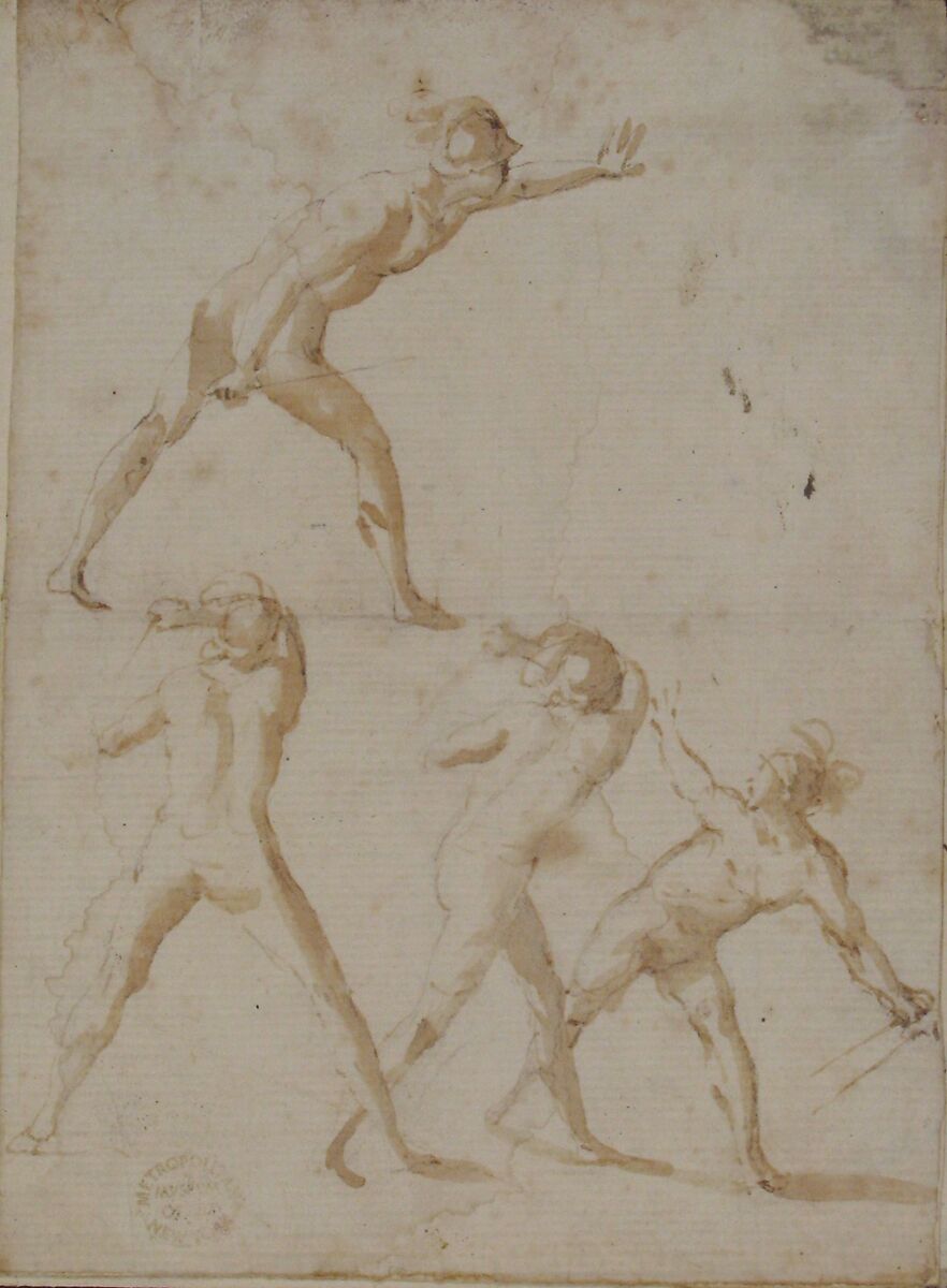 Four Nude Warriors, attributed to Francesco Allegrini (Italian, Cantiano (?) 1615/20–after 1679 Gubbio (?)), Pen and brown ink. Framing lines in pen and brown ink