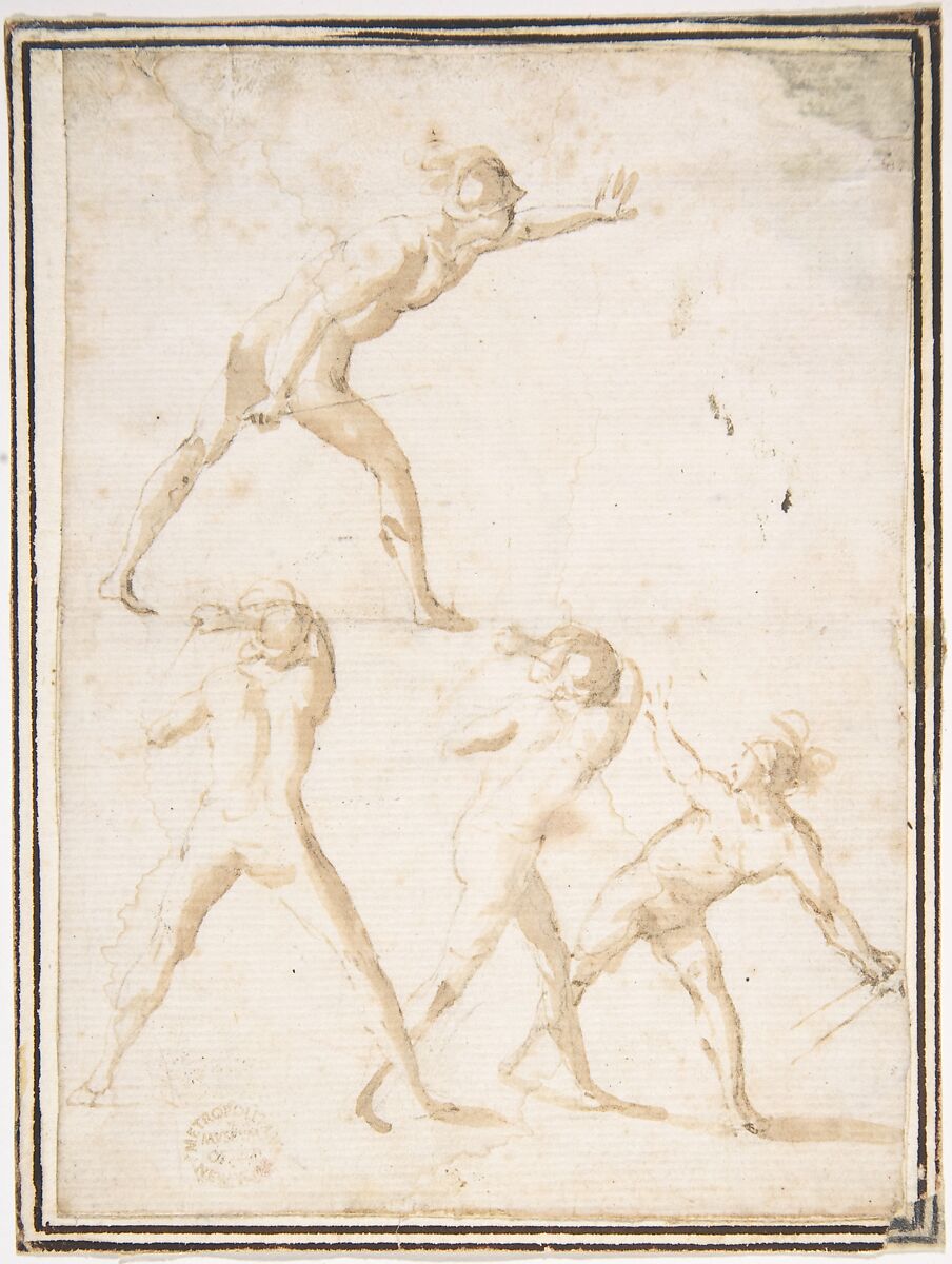 Four Nude Warriors, attributed to Francesco Allegrini (Italian, Cantiano (?) 1615/20–after 1679 Gubbio (?)), Pen and brown ink. Framing lines in pen and brown ink 