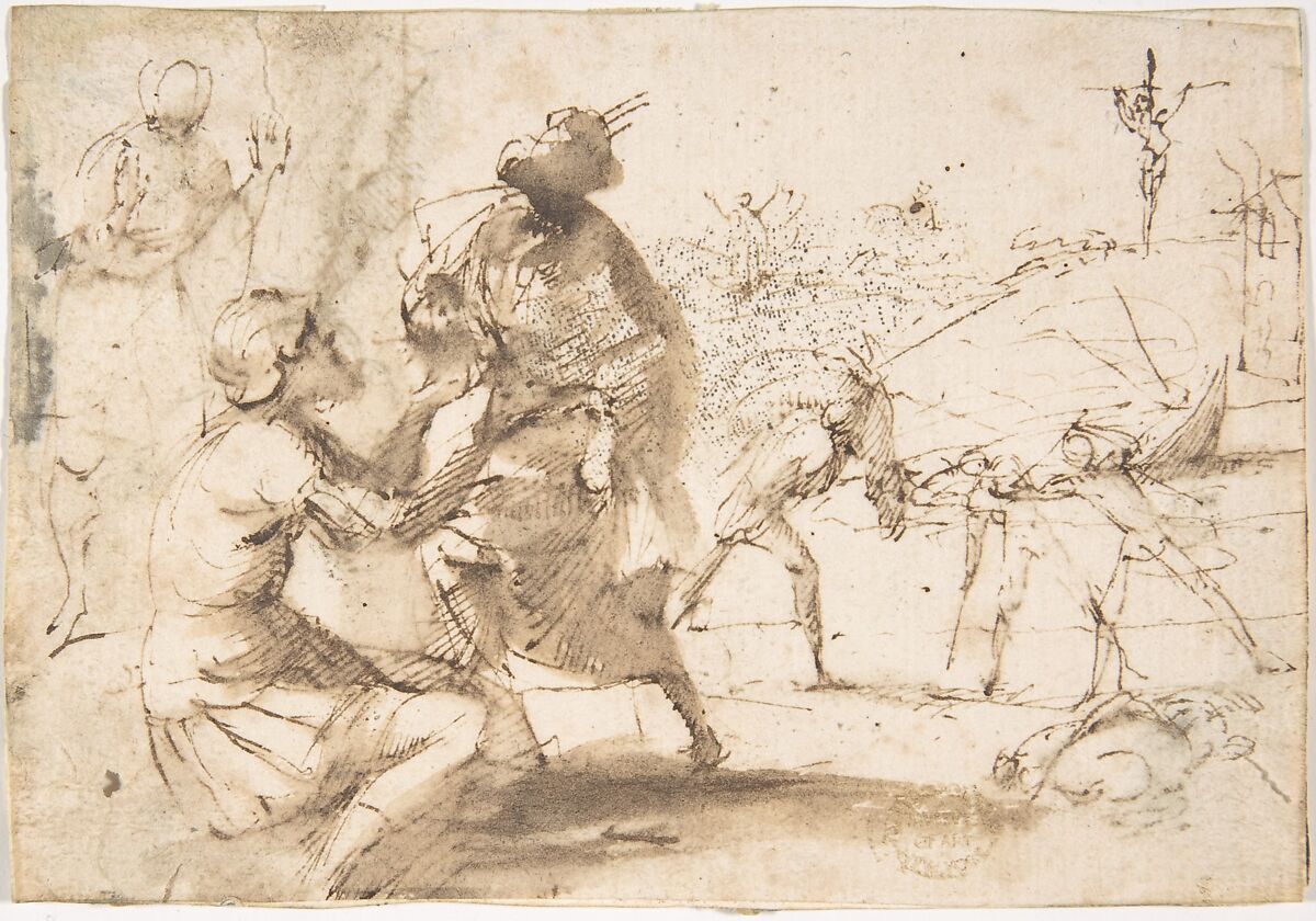 Figures, attributed to Francesco Allegrini (Italian, Cantiano (?) 1615/20–after 1679 Gubbio (?)), Pen and brown ink, brush and brown wash 