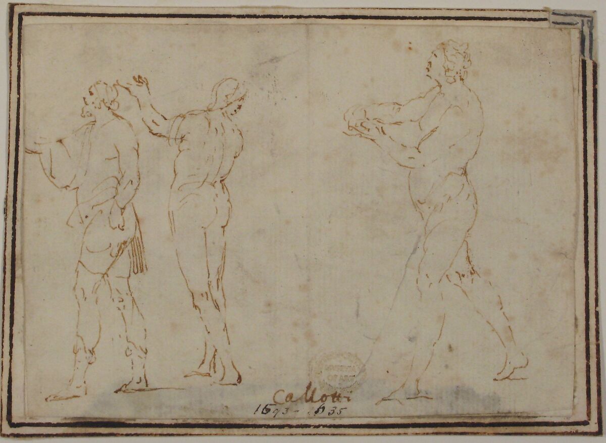 Athletes, attributed to Francesco Allegrini (Italian, Cantiano (?) 1615/20–after 1679 Gubbio (?)), Pen and brown ink.  Framing lines in pen and brown ink on mount