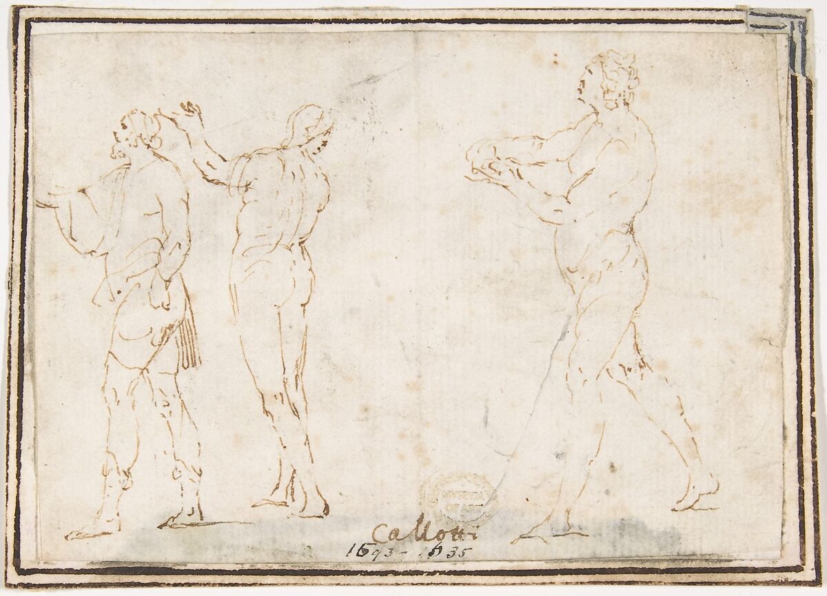Athletes, attributed to Francesco Allegrini (Italian, Cantiano (?) 1615/20–after 1679 Gubbio (?)), Pen and brown ink.  Framing lines in pen and brown ink on mount 
