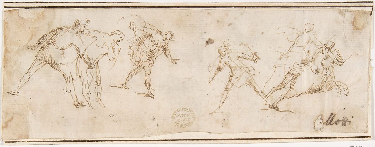 Soldiers, attributed to Francesco Allegrini (Italian, Cantiano (?) 1615/20–after 1679 Gubbio (?)), Pen and brown ink.  Framing lines in pen and brown ink on mount 