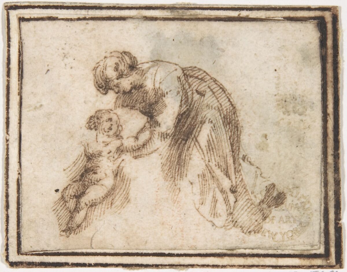 Mother and Child, attributed to Francesco Allegrini (Italian, Cantiano (?) 1615/20–after 1679 Gubbio (?)), Pen and brown ink.  Framing lines in pen and brown ink on mount 