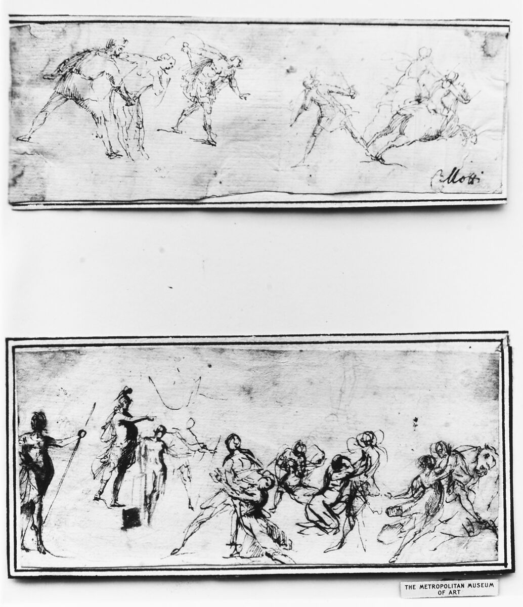 The Rape of the Sabines, attributed to Francesco Allegrini (Italian, Cantiano (?) 1615/20–after 1679 Gubbio (?)), Pen and brown ink, over a little black chalk.  Framing lines in pen and brown ink on mount