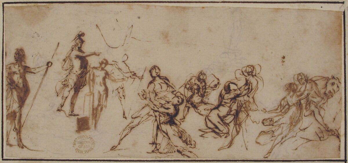 The Rape of the Sabines, attributed to Francesco Allegrini (Italian, Cantiano (?) 1615/20–after 1679 Gubbio (?)), Pen and brown ink, over a little black chalk.  Framing lines in pen and brown ink on mount
