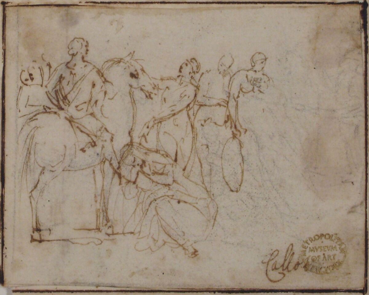 Figures, attributed to Francesco Allegrini (Italian, Cantiano (?) 1615/20–after 1679 Gubbio (?)), Pen and brown ink.  Framing lines in pen and brown ink on mount