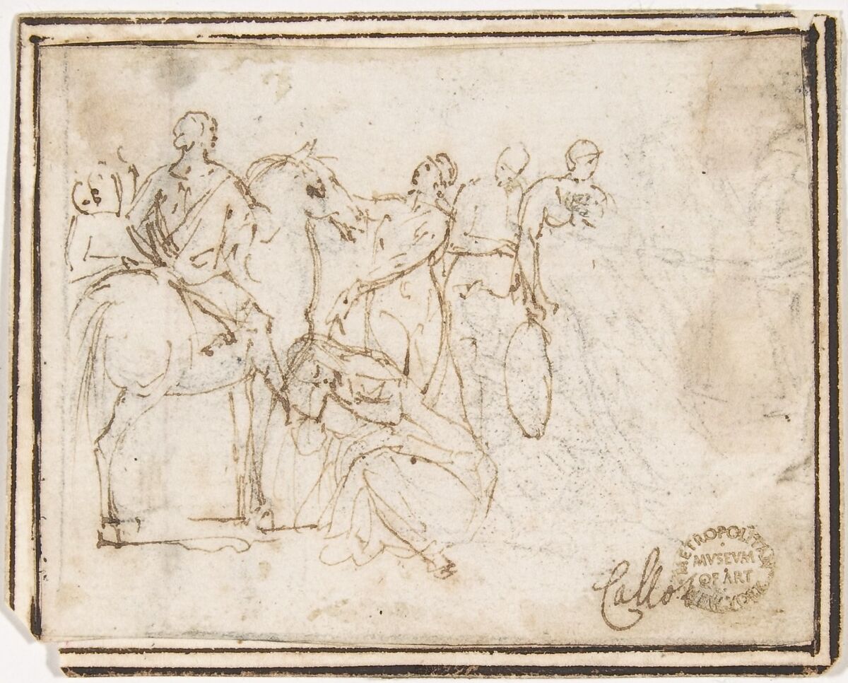 Figures, attributed to Francesco Allegrini (Italian, Cantiano (?) 1615/20–after 1679 Gubbio (?)), Pen and brown ink.  Framing lines in pen and brown ink on mount 