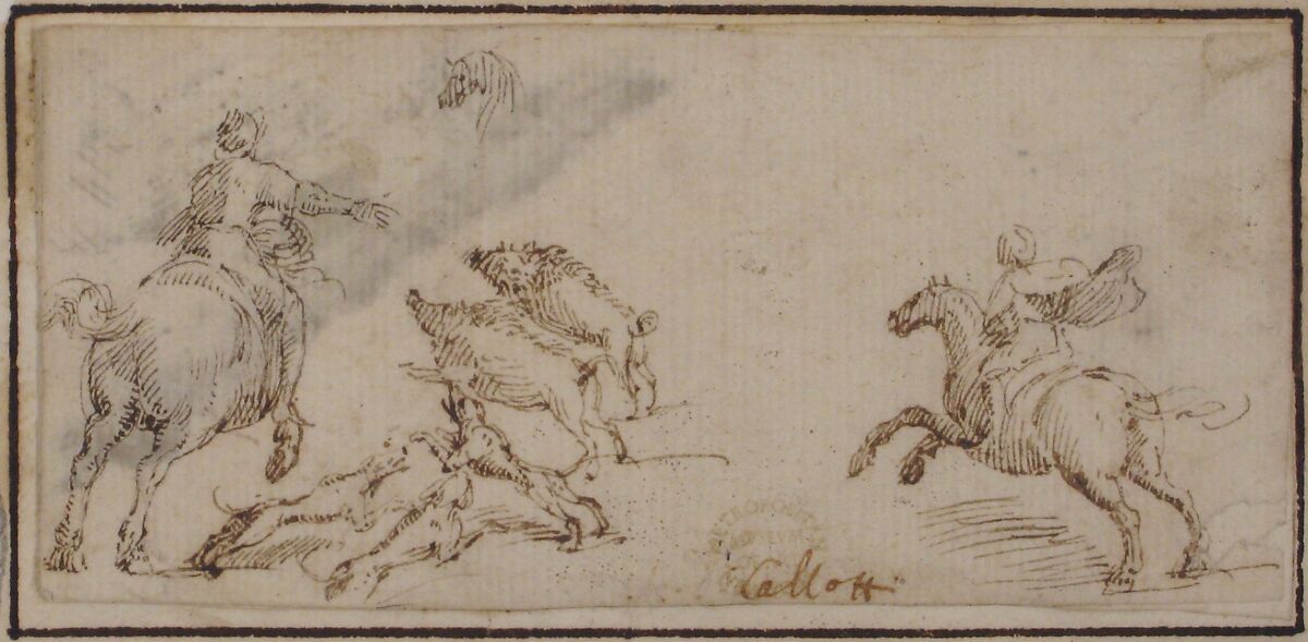 Boar Hunt, attributed to Francesco Allegrini (Italian, Cantiano (?) 1615/20–after 1679 Gubbio (?)), Pen and brown ink.   Framing lines in pen and brown ink on mount