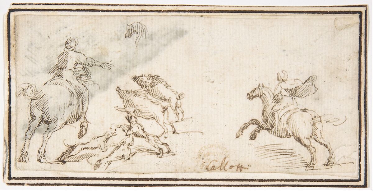 Boar Hunt, attributed to Francesco Allegrini (Italian, Cantiano (?) 1615/20–after 1679 Gubbio (?)), Pen and brown ink.   Framing lines in pen and brown ink on mount 