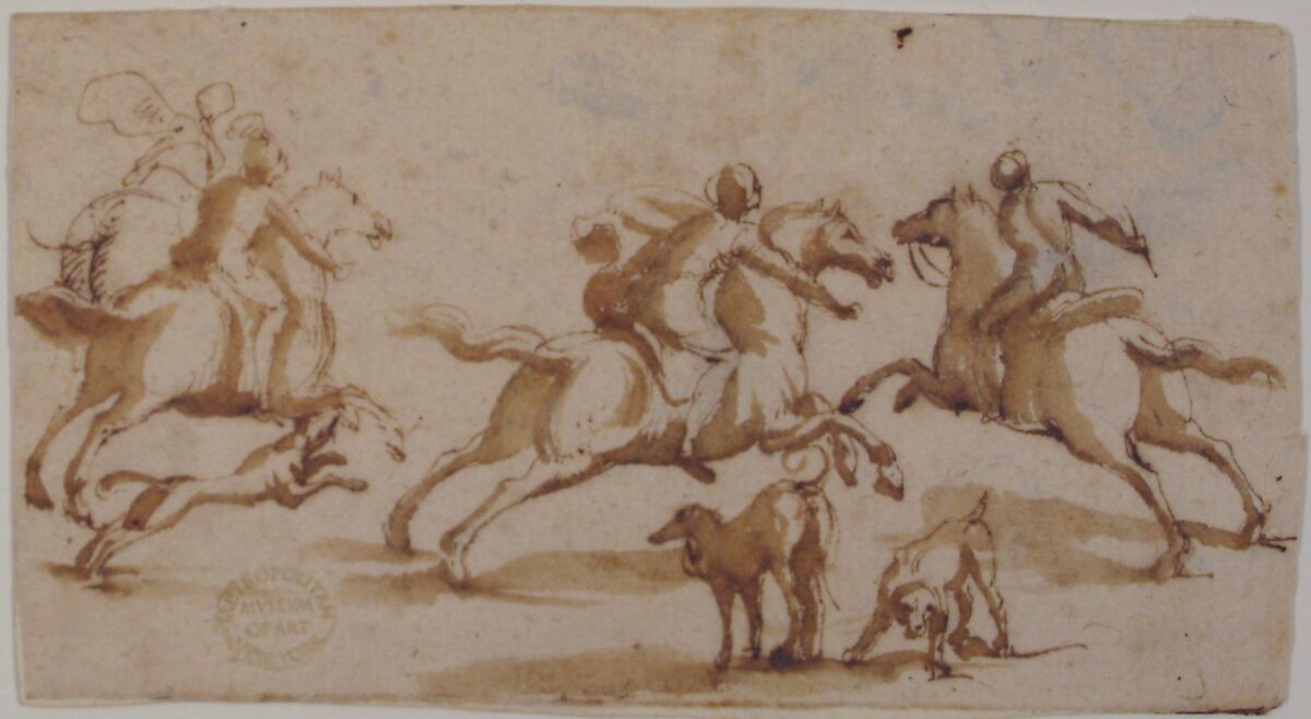 Horsemen Hunting, attributed to Francesco Allegrini (Italian, Cantiano (?) 1615/20–after 1679 Gubbio (?)), Pen and brown ink, brush and brown wash