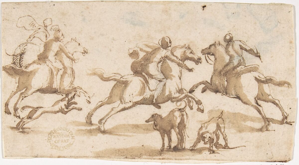 Horsemen Hunting, attributed to Francesco Allegrini (Italian, Cantiano (?) 1615/20–after 1679 Gubbio (?)), Pen and brown ink, brush and brown wash 