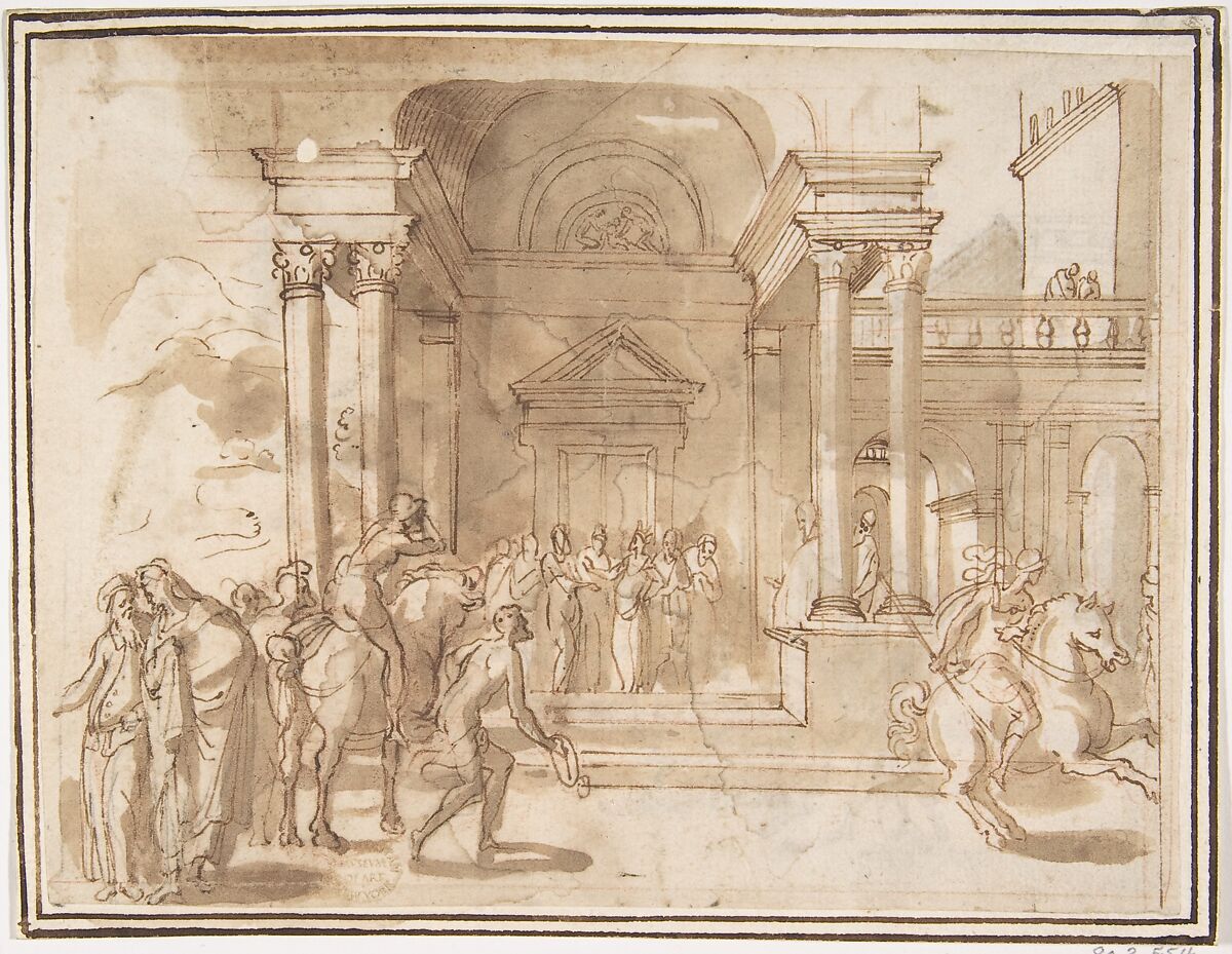 Unidentified Subject:  Figures before a Palace or Temple, attributed to Francesco Allegrini (Italian, Cantiano (?) 1615/20–after 1679 Gubbio (?)), Pen and brown ink, brush and brown wash, over a little red chalk.  Framing lines in pen and brown ink on mount 