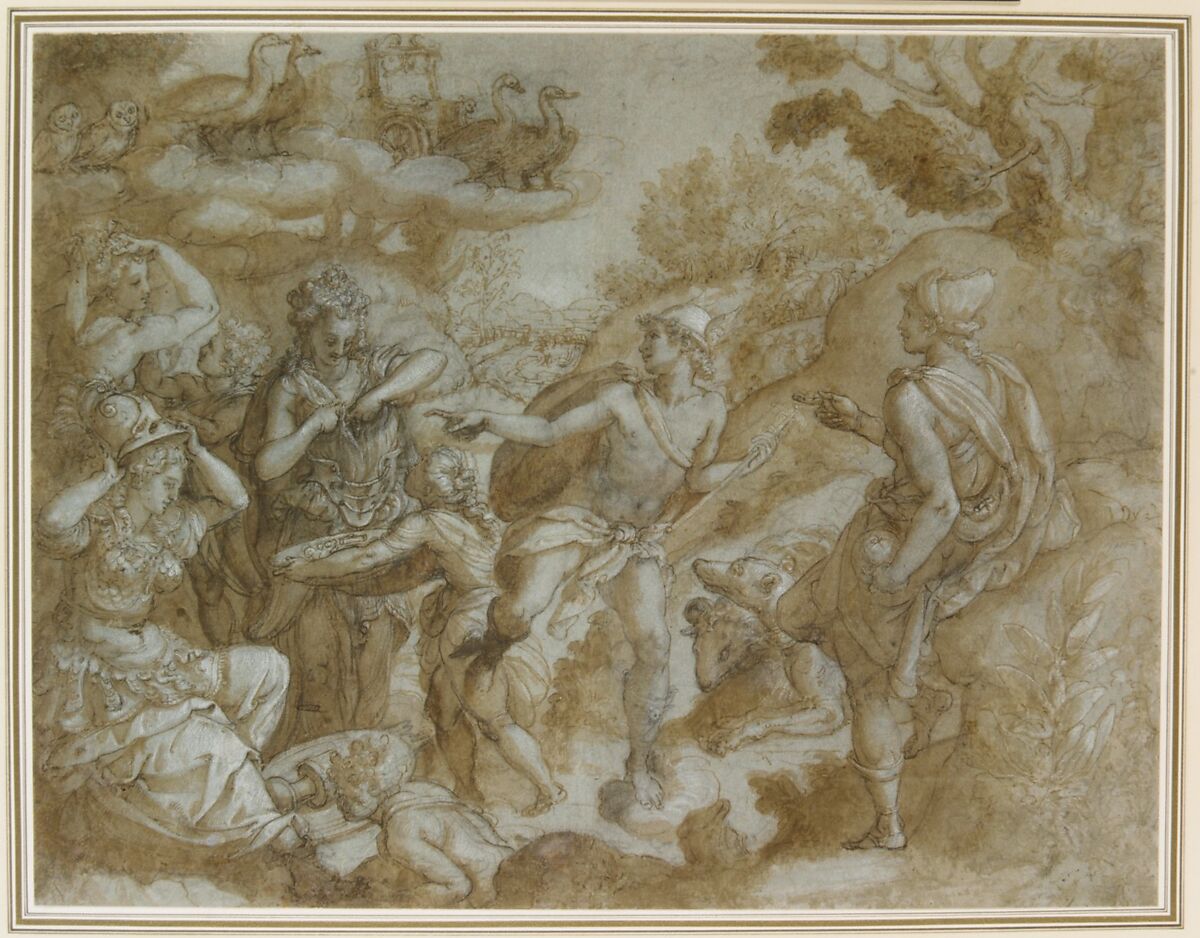 The Judgment of Paris, Alessandro Allori (Italian, Florence 1535–1607 Florence), Pen and brown ink, brush and brown wash, highlighted with white gouache, over black chalk, on blue paper