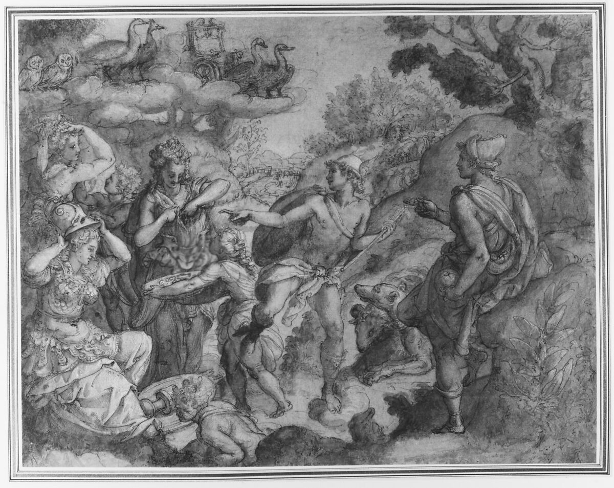 The Judgment of Paris, Alessandro Allori (Italian, Florence 1535–1607 Florence), Pen and brown ink, brush and brown wash, highlighted with white gouache, over black chalk, on blue paper