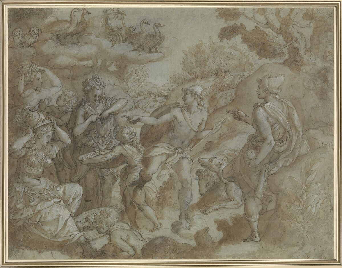 The Judgment of Paris, Alessandro Allori (Italian, Florence 1535–1607 Florence), Pen and brown ink, brush and brown wash, highlighted with white gouache, over black chalk, on blue paper 