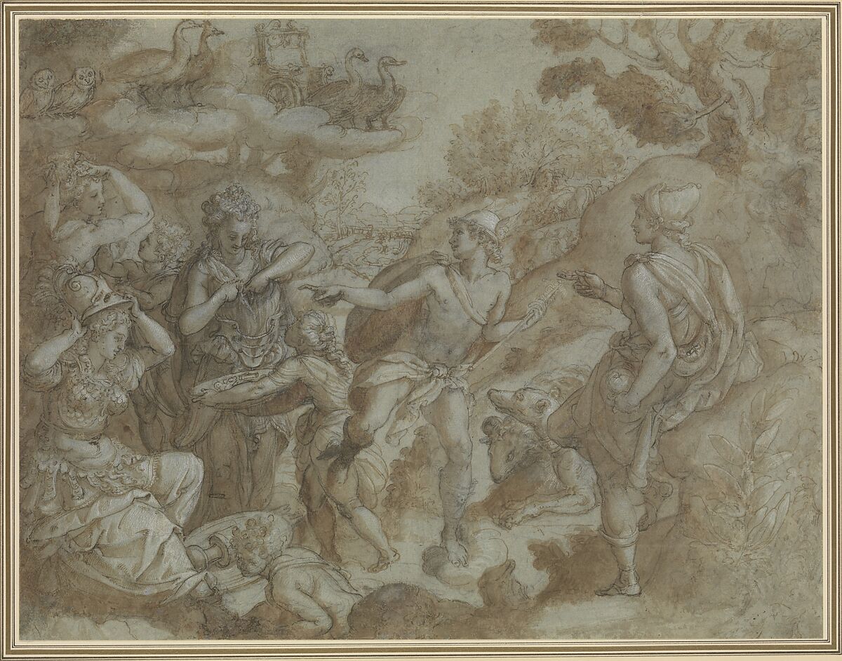 The Judgment of Paris, Alessandro Allori  Italian, Pen and brown ink, brush and brown wash, highlighted with white gouache, over black chalk, on blue paper