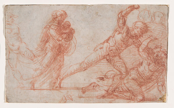 Mother and Child, Figures Fighting (Study for the Rape of Dinah?), Fra Bartolomeo (Bartolomeo di Paolo del Fattorino) (Italian, Florence 1473–1517 Florence), Red chalk with traces of black chalk 