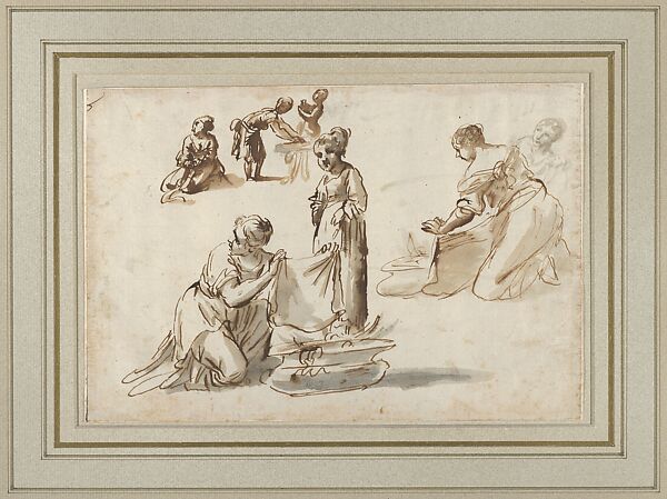 Washerwomen, Pier Francesco Mola (Italian, Coldrerio 1612–1666 Rome), Pen and brown ink, brush and gray and brown washes 