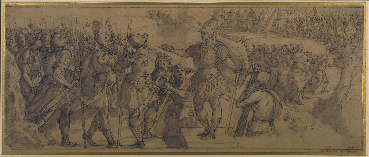 Design for a Narrative Frieze:  A Commander Addressing His Troops, Alessandro Allori (Italian, Florence 1535–1607 Florence), Pen and brown ink, brush and gray-brown wash, highlighted with a little white, over black chalk, on brownish paper; framing lines in black chalk