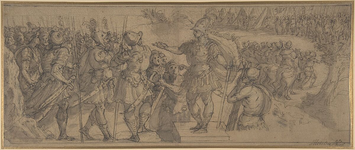 Design for a Narrative Frieze:  A Commander Addressing His Troops, Alessandro Allori (Italian, Florence 1535–1607 Florence), Pen and brown ink, brush and gray-brown wash, highlighted with a little white, over black chalk, on brownish paper.   Framing lines in black chalk 