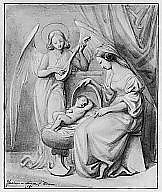 Virgin and Child Adored by a Lute-Playing Angel, Jean-Jacques Feuchère (French, Paris 1807–1852 Paris), Graphite, brush and gray wash with gouache and touches of gold on heavy cream wove paper