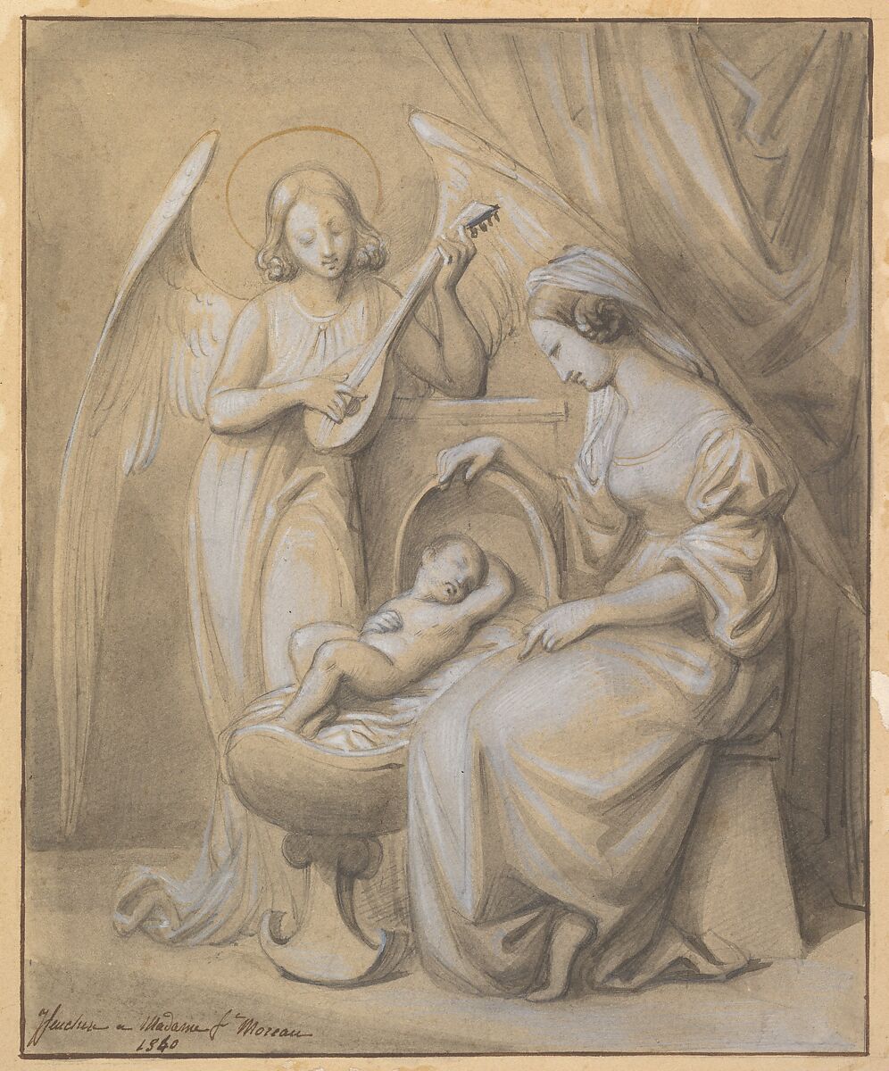 Virgin and Child Adored by a Lute-Playing Angel, Jean-Jacques Feuchère (French, Paris 1807–1852 Paris), Graphite, brush and gray wash with gouache and touches of gold on heavy cream wove paper 