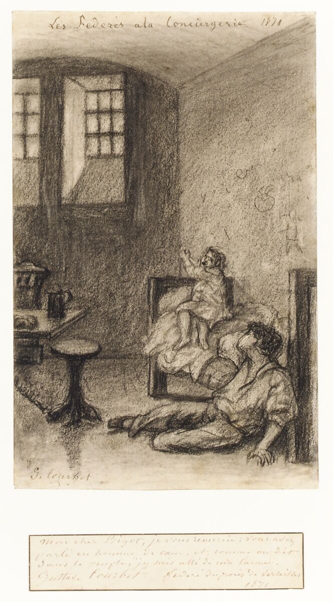 Young Communards in Prison (Les Fédérés à la Conciergerie), Gustave Courbet (French, Ornans 1819–1877 La Tour-de-Peilz), Black chalk, stumped