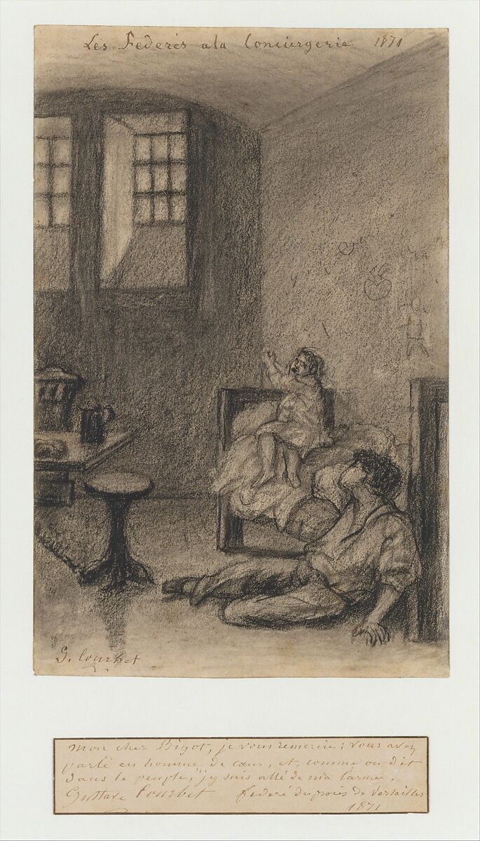 Young Communards in Prison (Les Fédérés à la Conciergerie), Gustave Courbet (French, Ornans 1819–1877 La Tour-de-Peilz), Black chalk, stumped