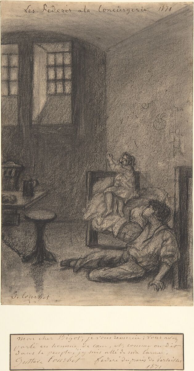 Young Communards in Prison (Les Fédérés à la Conciergerie), Gustave Courbet (French, Ornans 1819–1877 La Tour-de-Peilz), Black chalk, stumped 