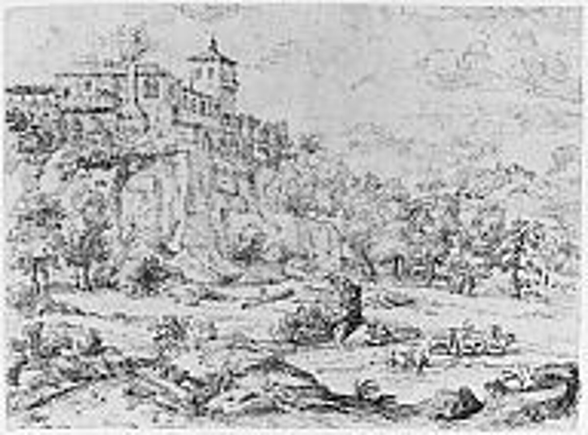 Landscape with Hilltop Villa, Guillerot (French, ca. 1620–ca. 1670), Pen and brown ink over faint graphite underdrawing