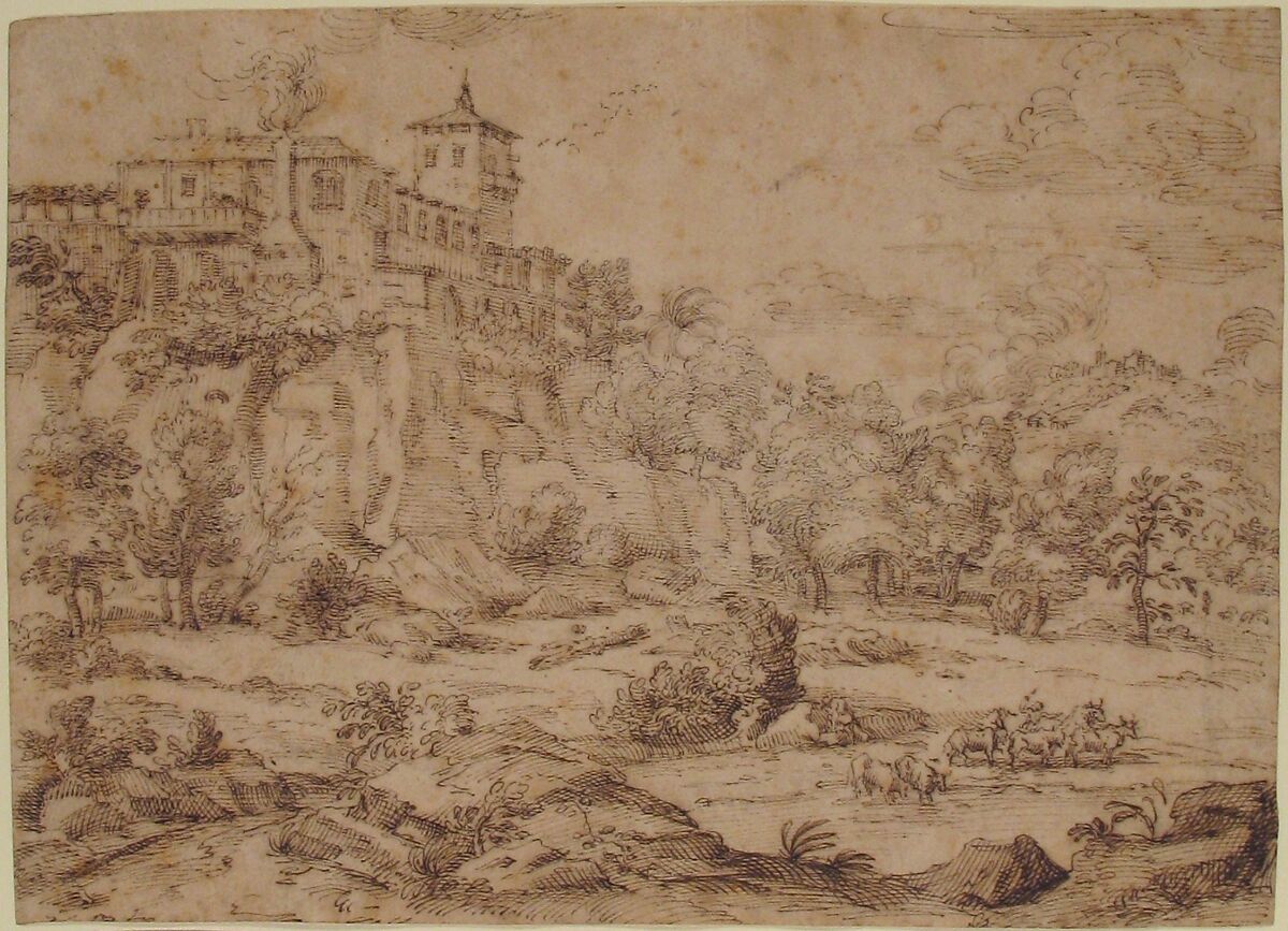 Landscape with Hilltop Villa, Guillerot (French, ca. 1620–ca. 1670), Pen and brown ink over faint graphite underdrawing