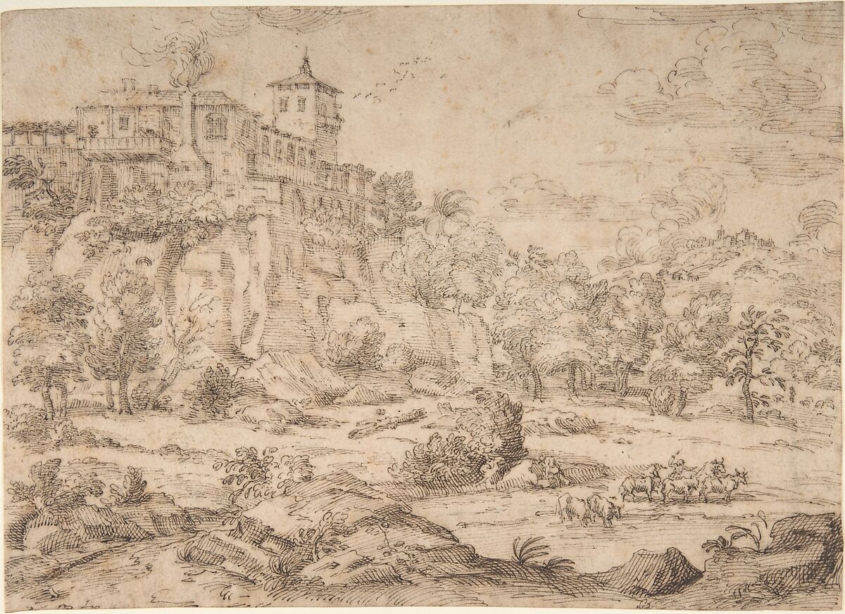 Landscape with Hilltop Villa, Guillerot (French, ca. 1620–ca. 1670), Pen and brown ink over faint graphite underdrawing 