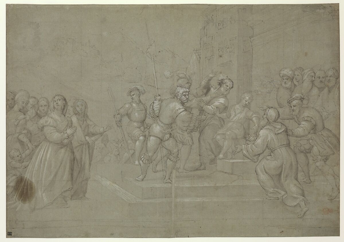 Susannah and the Elders before Daniel, Pomponio Amalteo  Italian, Pen and brown ink, brush and brown wash, highlighted with white, over a little black chalk, on gray-green paper.  The head of the woman with outstretched arm, to the right of Susanna, is a pentimento that has been pasted onto the sheet.  Squared in black chalk